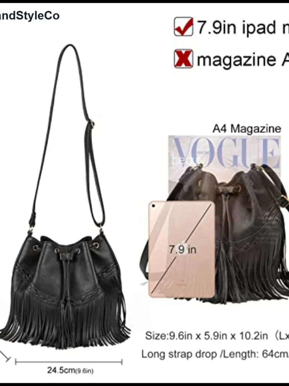 Fringe Bucket Bag Crossbody Shoulder Purse Drawstring Vegan PU Leather